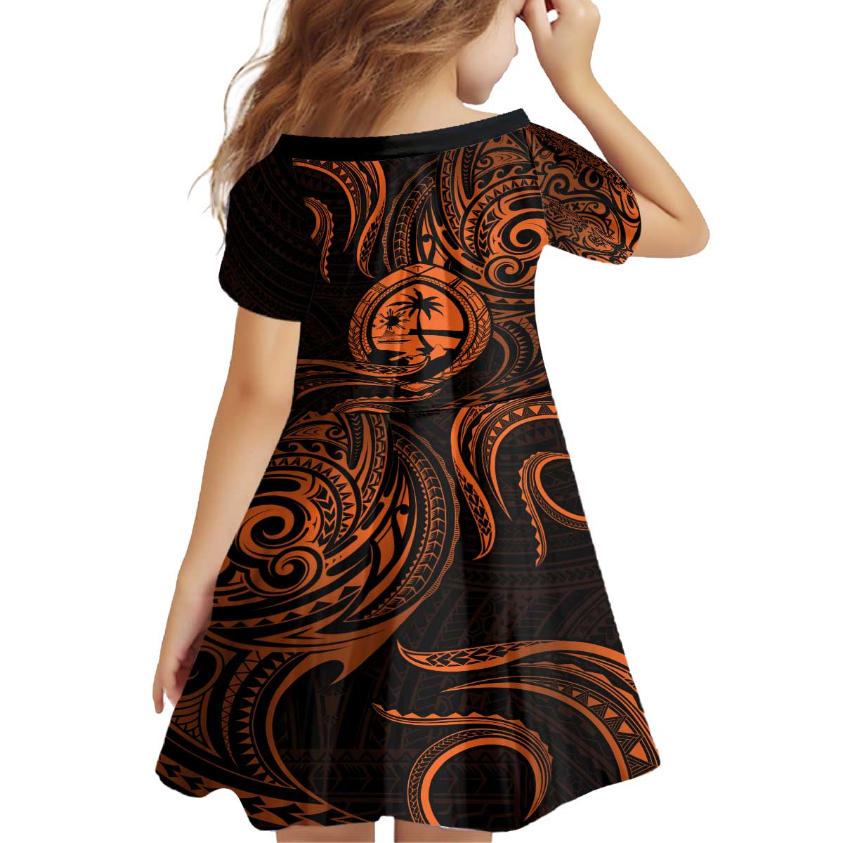 Polynesian Guam Coat of Arms Family Matching Off The Shoulder Long Sleeve Dress and Hawaiian Shirt Polynesian Tribal Tattoo Orange Version LT9 - Polynesian Pride