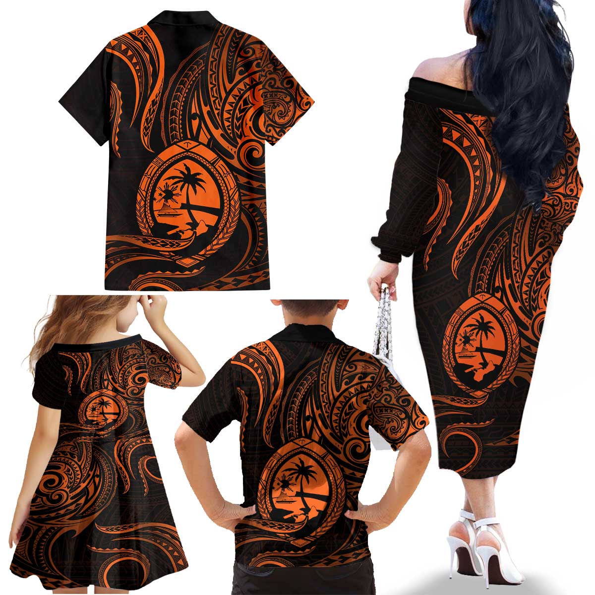 Polynesian Guam Coat of Arms Family Matching Off The Shoulder Long Sleeve Dress and Hawaiian Shirt Polynesian Tribal Tattoo Orange Version LT9 - Polynesian Pride