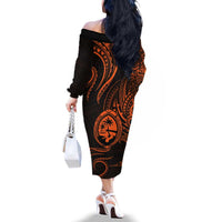 Polynesian Guam Coat of Arms Family Matching Off The Shoulder Long Sleeve Dress and Hawaiian Shirt Polynesian Tribal Tattoo Orange Version LT9 - Polynesian Pride