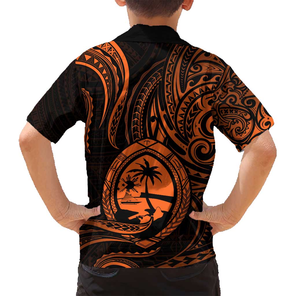 Polynesian Guam Coat of Arms Family Matching Off Shoulder Maxi Dress and Hawaiian Shirt Polynesian Tribal Tattoo Orange Version LT9 - Polynesian Pride