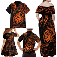Polynesian Guam Coat of Arms Family Matching Off Shoulder Maxi Dress and Hawaiian Shirt Polynesian Tribal Tattoo Orange Version LT9 - Polynesian Pride
