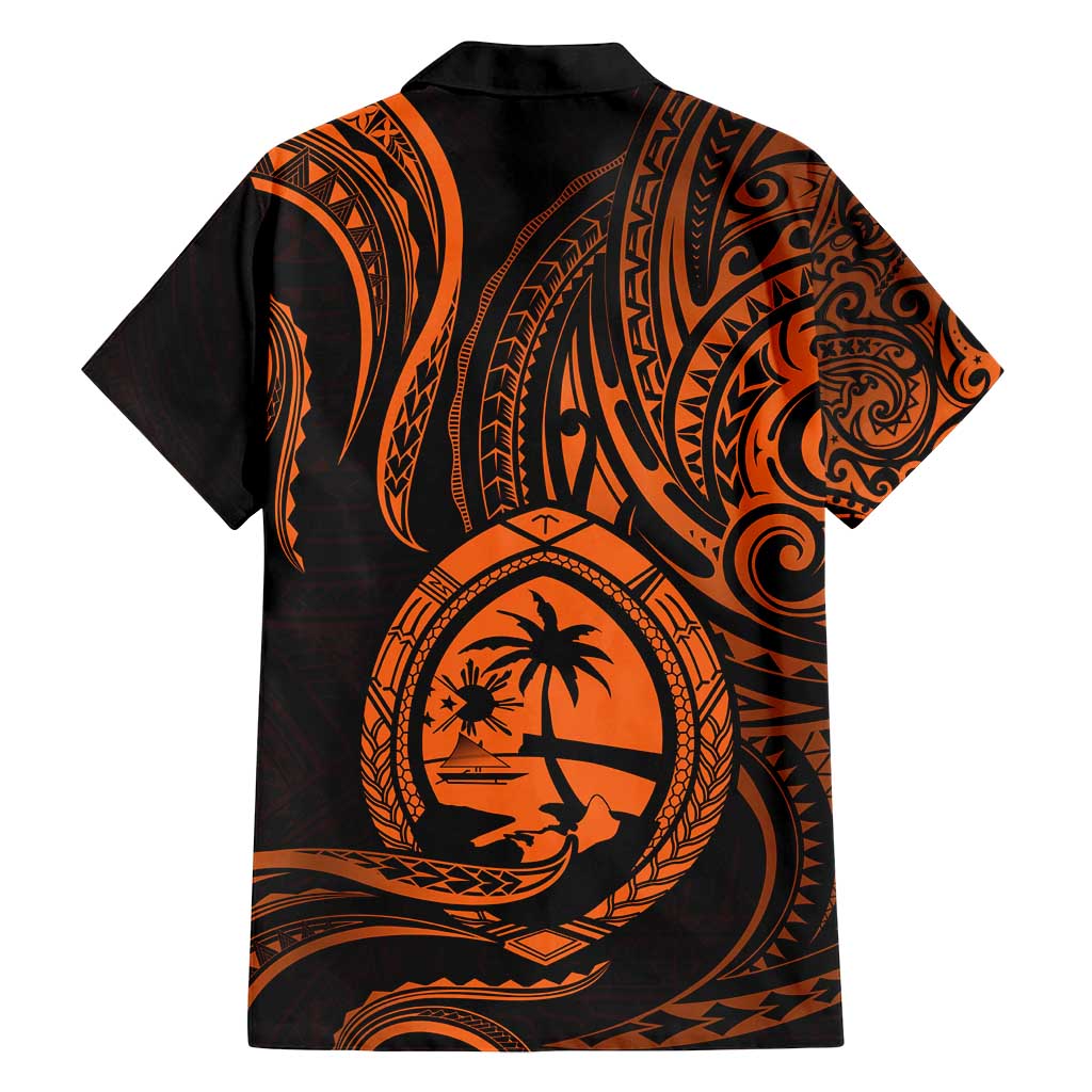 Polynesian Guam Coat of Arms Family Matching Off Shoulder Maxi Dress and Hawaiian Shirt Polynesian Tribal Tattoo Orange Version LT9 - Polynesian Pride