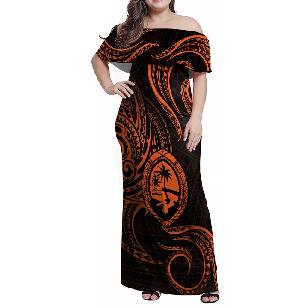 Polynesian Guam Coat of Arms Family Matching Off Shoulder Maxi Dress and Hawaiian Shirt Polynesian Tribal Tattoo Orange Version LT9 Mom's Dress Orange - Polynesian Pride