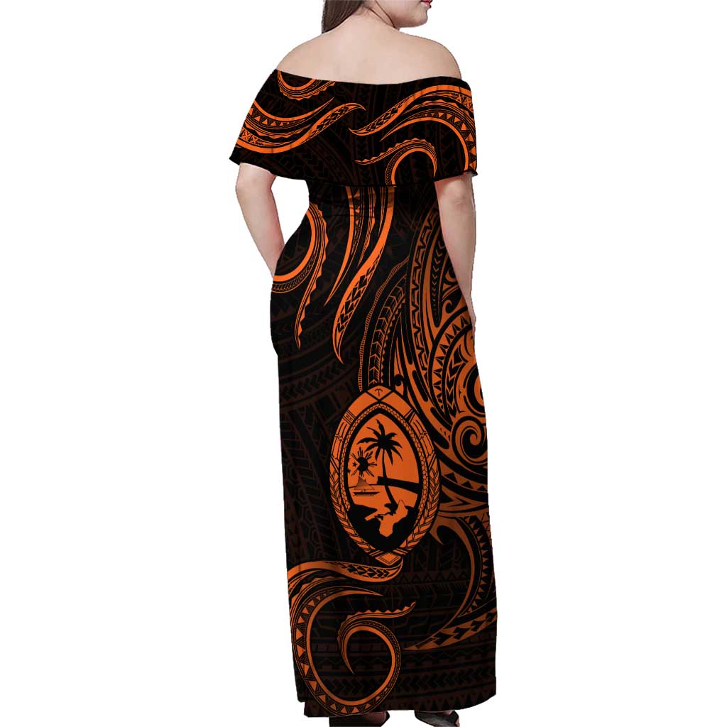 Polynesian Guam Coat of Arms Family Matching Off Shoulder Maxi Dress and Hawaiian Shirt Polynesian Tribal Tattoo Orange Version LT9 - Polynesian Pride