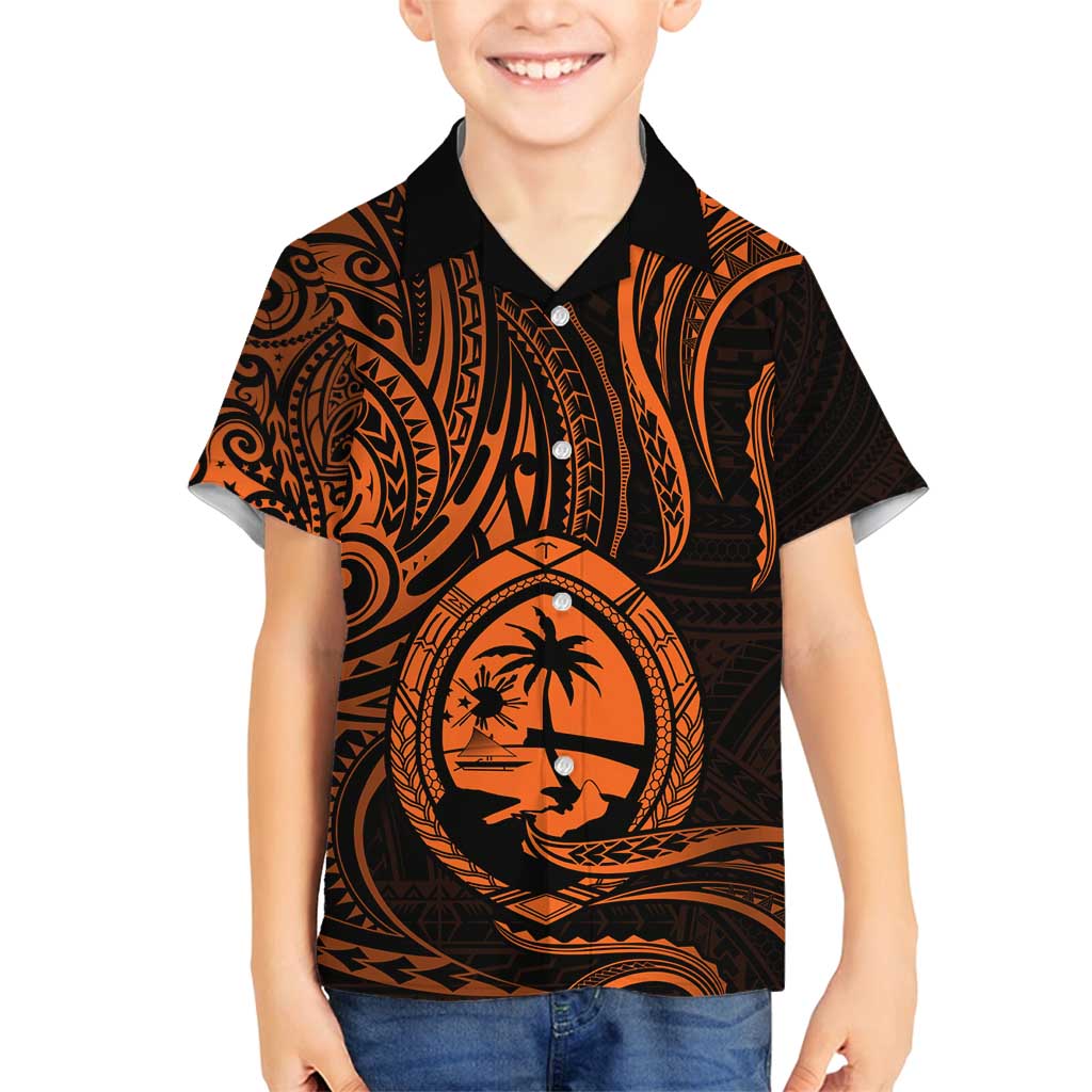 Polynesian Guam Coat of Arms Family Matching Off Shoulder Maxi Dress and Hawaiian Shirt Polynesian Tribal Tattoo Orange Version LT9 Son's Shirt Orange - Polynesian Pride