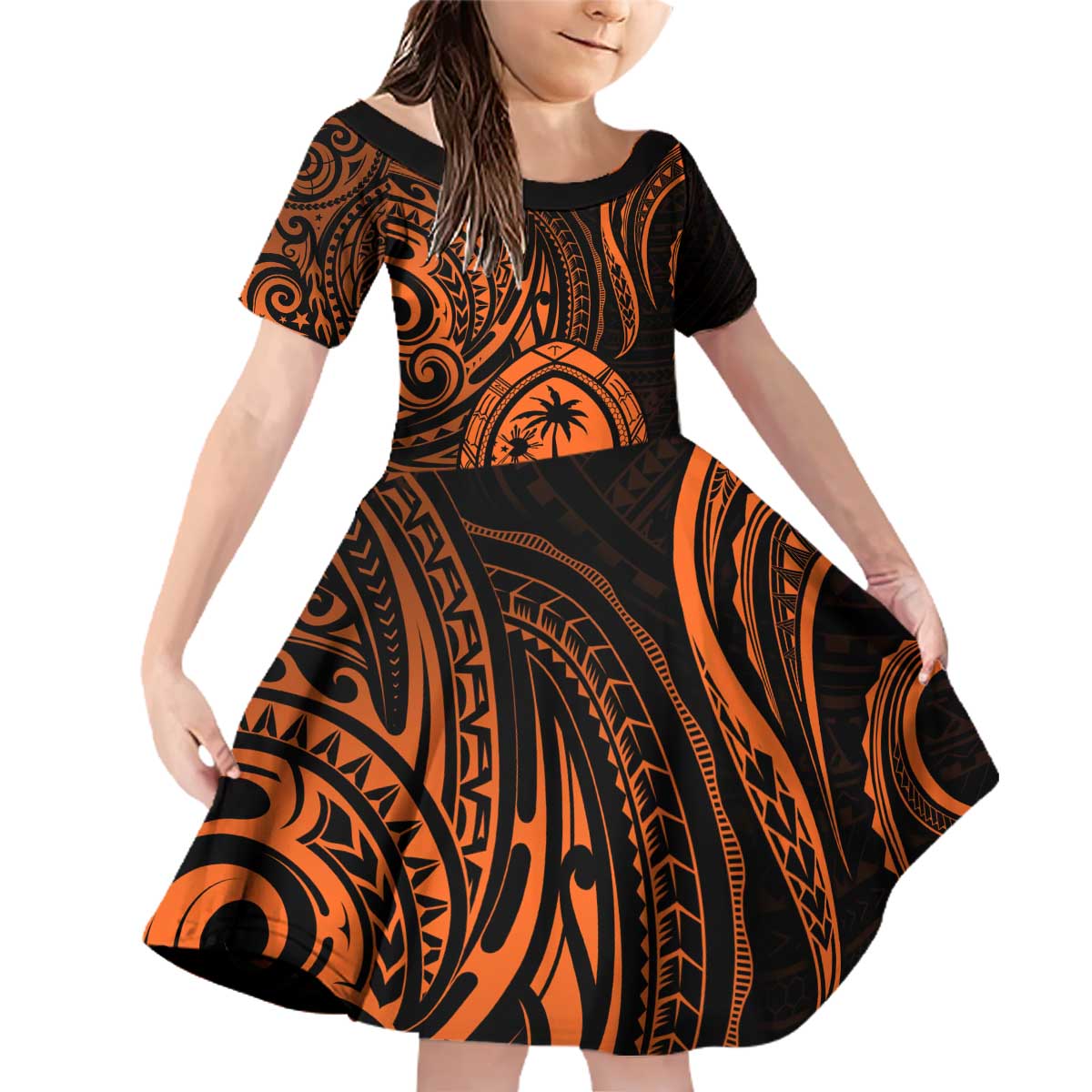 Polynesian Guam Coat of Arms Family Matching Off Shoulder Short Dress and Hawaiian Shirt Polynesian Tribal Tattoo Orange Version LT9 Daughter's Dress Orange - Polynesian Pride