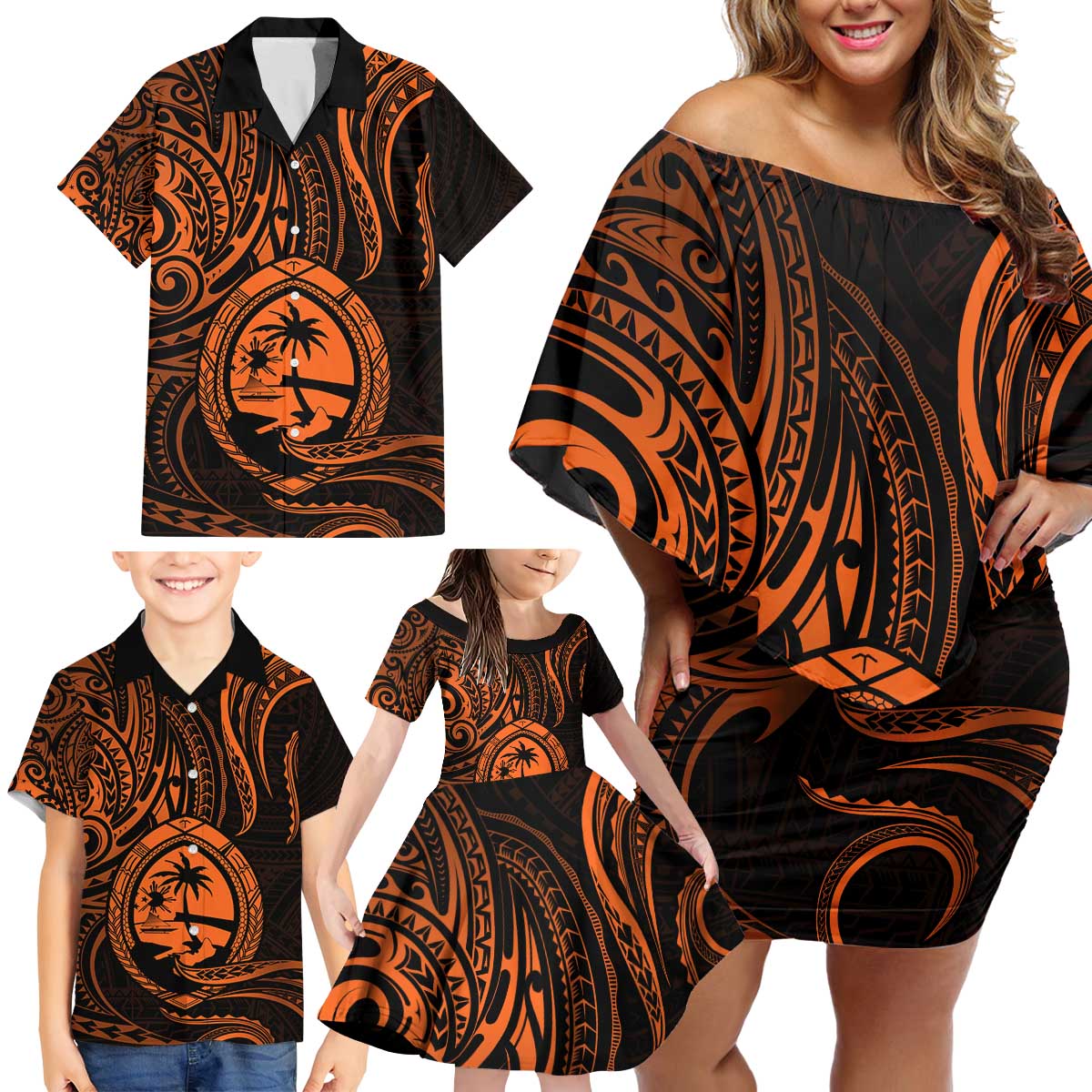 Polynesian Guam Coat of Arms Family Matching Off Shoulder Short Dress and Hawaiian Shirt Polynesian Tribal Tattoo Orange Version LT9 - Polynesian Pride