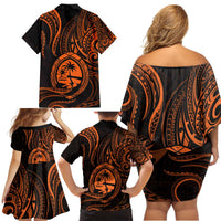 Polynesian Guam Coat of Arms Family Matching Off Shoulder Short Dress and Hawaiian Shirt Polynesian Tribal Tattoo Orange Version LT9 - Polynesian Pride