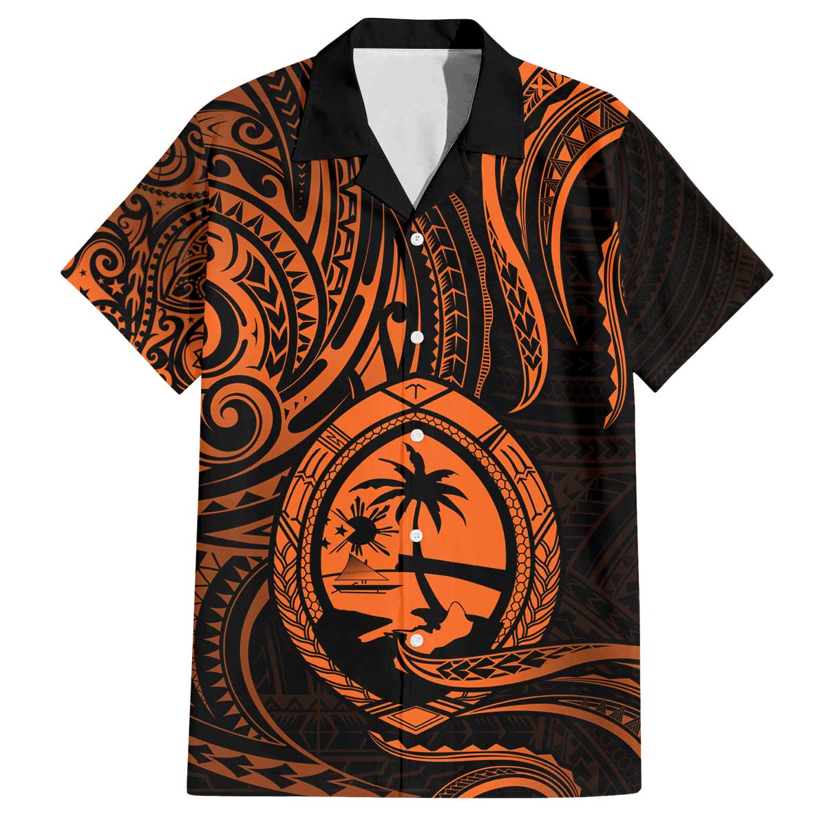 Polynesian Guam Coat of Arms Family Matching Off Shoulder Short Dress and Hawaiian Shirt Polynesian Tribal Tattoo Orange Version LT9 Dad's Shirt - Short Sleeve Orange - Polynesian Pride