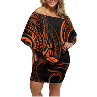 Polynesian Guam Coat of Arms Family Matching Off Shoulder Short Dress and Hawaiian Shirt Polynesian Tribal Tattoo Orange Version LT9 Mom's Dress Orange - Polynesian Pride