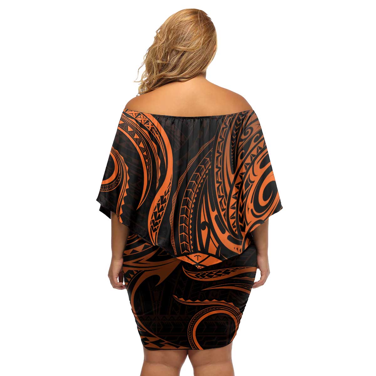 Polynesian Guam Coat of Arms Family Matching Off Shoulder Short Dress and Hawaiian Shirt Polynesian Tribal Tattoo Orange Version LT9 - Polynesian Pride