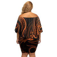 Polynesian Guam Coat of Arms Family Matching Off Shoulder Short Dress and Hawaiian Shirt Polynesian Tribal Tattoo Orange Version LT9 - Polynesian Pride
