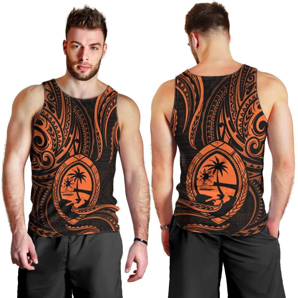 Polynesian Pride Guam Men Tank Top With Polynesian Tribal Tattoo and Coat of Arms Orange Version LT9 - Polynesian Pride