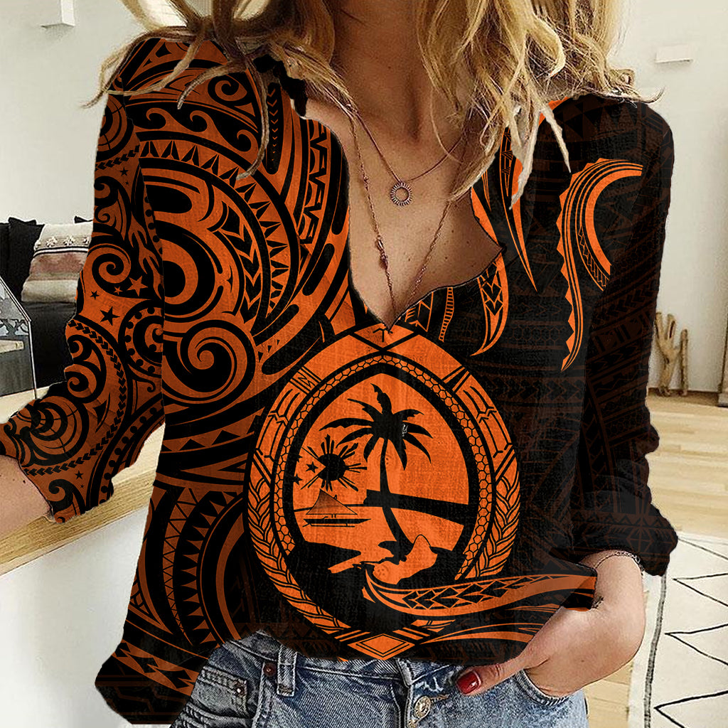 Polynesian Pride Guam Women Casual Shirt With Polynesian Tribal Tattoo and Coat of Arms Orange Version LT9 Female Orange - Polynesian Pride
