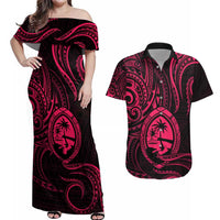 Polynesian Guam Coat of Arms Couples Matching Off Shoulder Maxi Dress and Hawaiian Shirt Polynesian Tribal Tattoo Pink Version LT9 Pink - Polynesian Pride