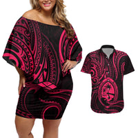 Polynesian Guam Coat of Arms Couples Matching Off Shoulder Short Dress and Hawaiian Shirt Polynesian Tribal Tattoo Pink Version LT9 Pink - Polynesian Pride