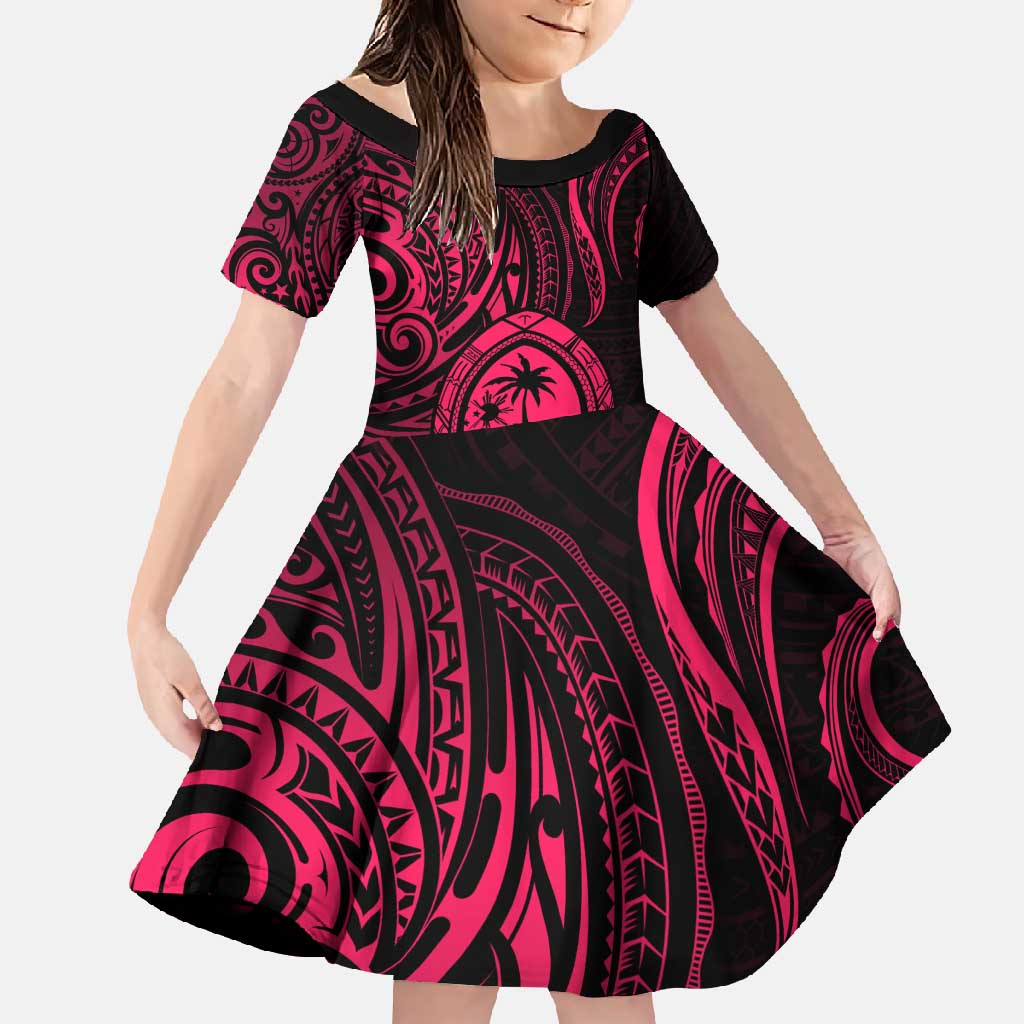 Polynesian Guam Coat of Arms Family Matching Long Sleeve Bodycon Dress and Hawaiian Shirt Polynesian Tribal Tattoo Pink Version LT9 Daughter's Dress Pink - Polynesian Pride