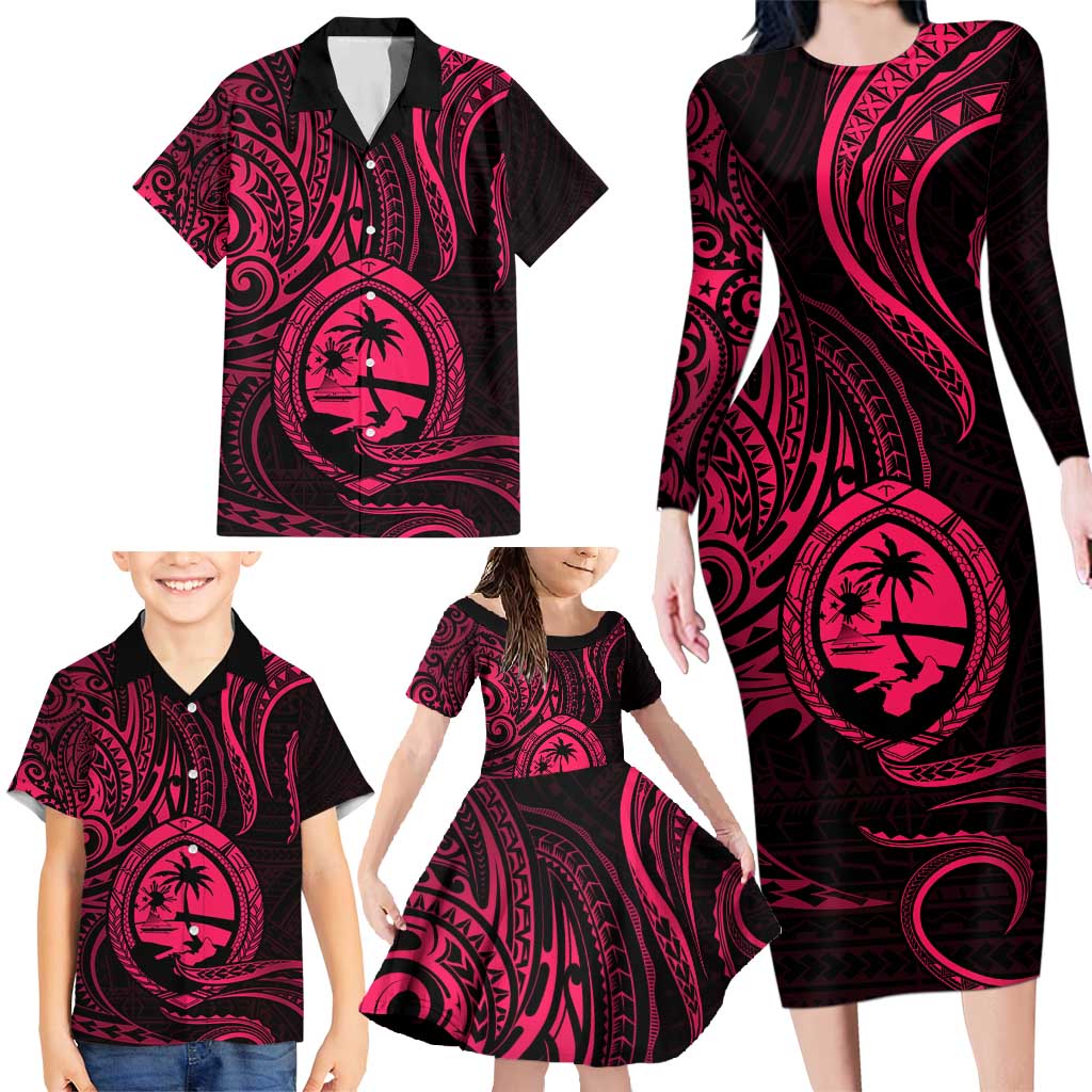 Polynesian Guam Coat of Arms Family Matching Long Sleeve Bodycon Dress and Hawaiian Shirt Polynesian Tribal Tattoo Pink Version LT9 - Polynesian Pride