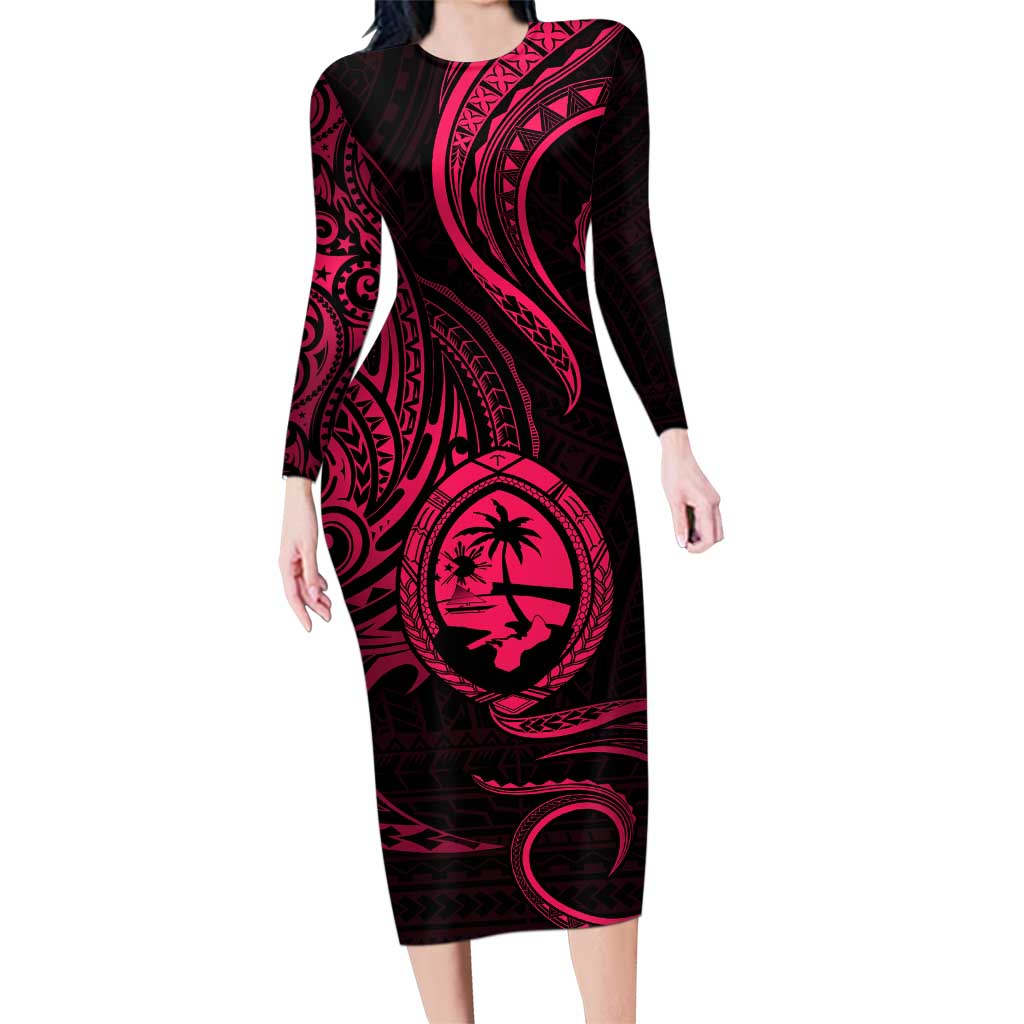 Polynesian Guam Coat of Arms Family Matching Long Sleeve Bodycon Dress and Hawaiian Shirt Polynesian Tribal Tattoo Pink Version LT9 Mom's Dress Pink - Polynesian Pride
