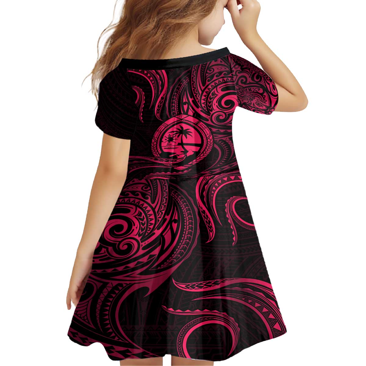 Polynesian Guam Coat of Arms Family Matching Off The Shoulder Long Sleeve Dress and Hawaiian Shirt Polynesian Tribal Tattoo Pink Version LT9 - Polynesian Pride