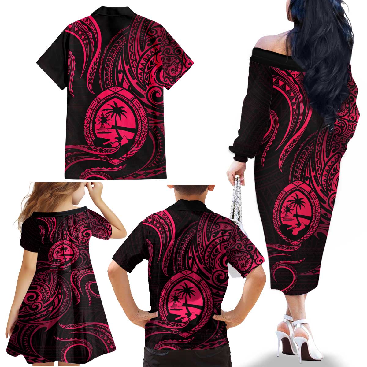 Polynesian Guam Coat of Arms Family Matching Off The Shoulder Long Sleeve Dress and Hawaiian Shirt Polynesian Tribal Tattoo Pink Version LT9 - Polynesian Pride