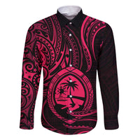 Polynesian Guam Coat of Arms Family Matching Off The Shoulder Long Sleeve Dress and Hawaiian Shirt Polynesian Tribal Tattoo Pink Version LT9 Dad's Shirt - Long Sleeve Pink - Polynesian Pride