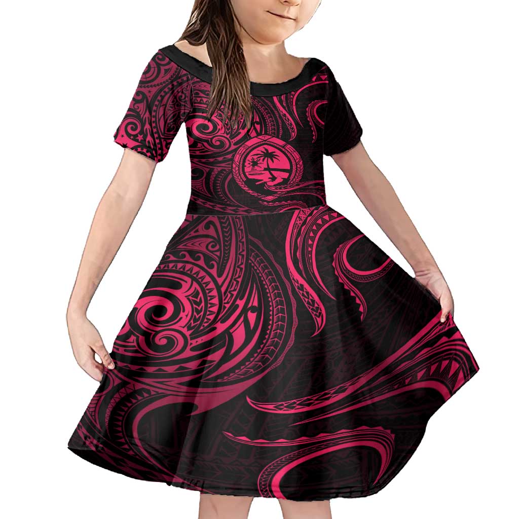 Polynesian Guam Coat of Arms Family Matching Off Shoulder Maxi Dress and Hawaiian Shirt Polynesian Tribal Tattoo Pink Version LT9 Daughter's Dress Pink - Polynesian Pride