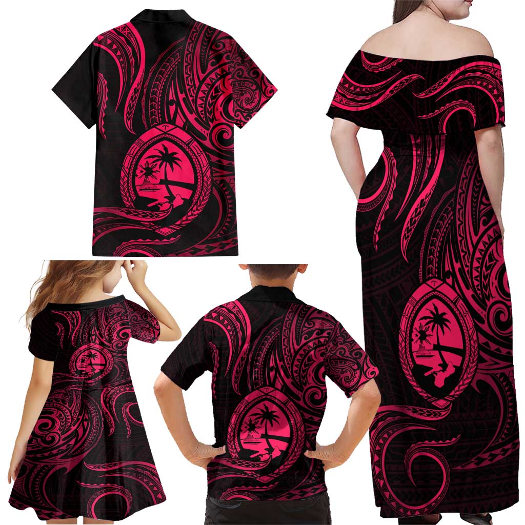 Polynesian Guam Coat of Arms Family Matching Off Shoulder Maxi Dress and Hawaiian Shirt Polynesian Tribal Tattoo Pink Version LT9 - Polynesian Pride