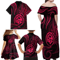Polynesian Guam Coat of Arms Family Matching Off Shoulder Maxi Dress and Hawaiian Shirt Polynesian Tribal Tattoo Pink Version LT9 - Polynesian Pride