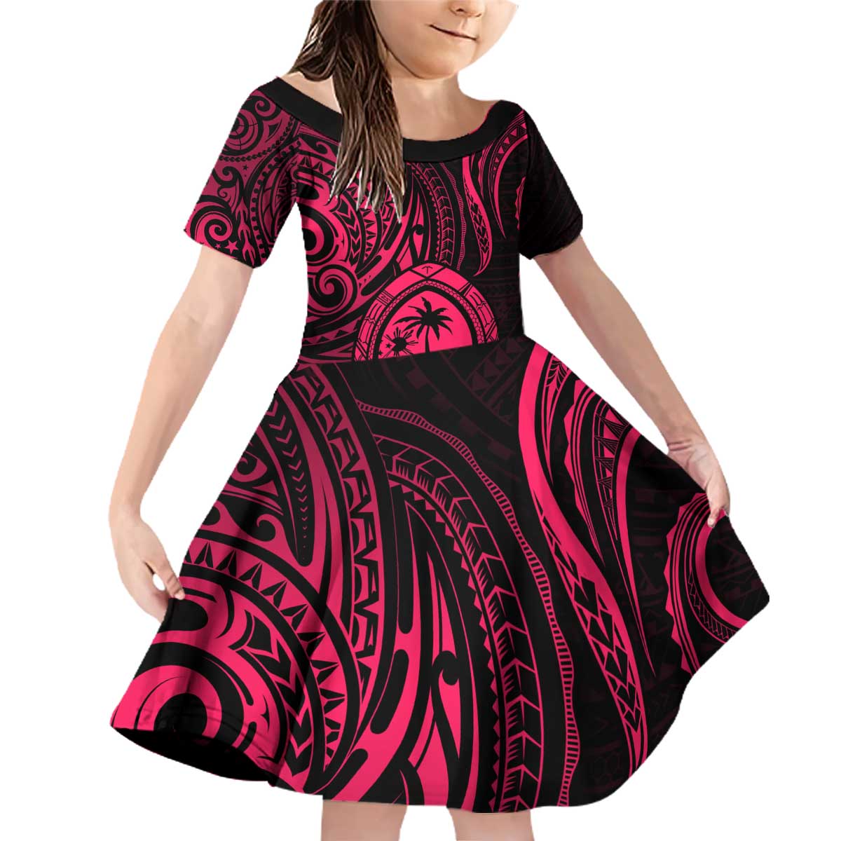 Polynesian Guam Coat of Arms Family Matching Off Shoulder Short Dress and Hawaiian Shirt Polynesian Tribal Tattoo Pink Version LT9 Daughter's Dress Pink - Polynesian Pride