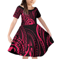 Polynesian Guam Coat of Arms Family Matching Off Shoulder Short Dress and Hawaiian Shirt Polynesian Tribal Tattoo Pink Version LT9 Daughter's Dress Pink - Polynesian Pride