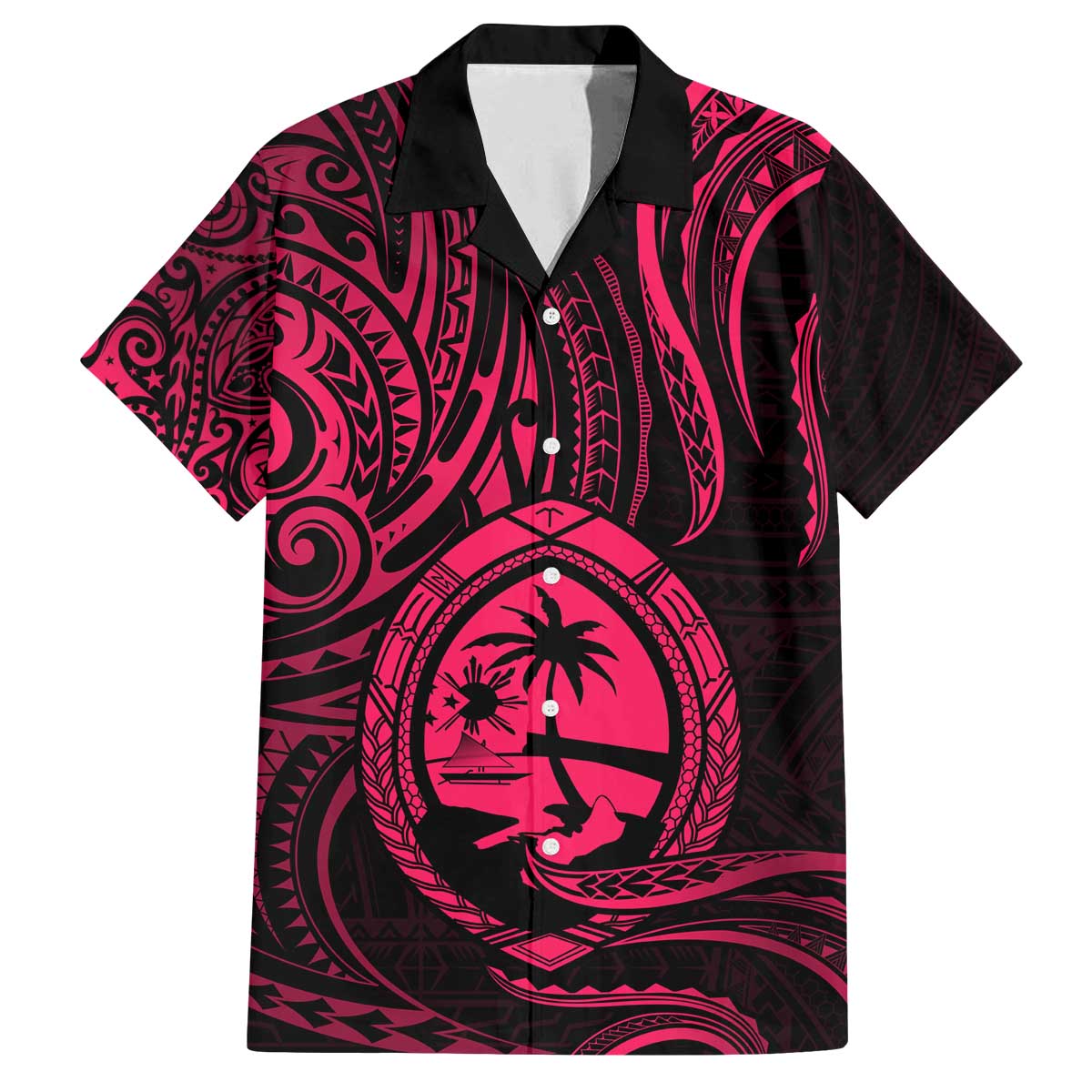 Polynesian Guam Coat of Arms Family Matching Off Shoulder Short Dress and Hawaiian Shirt Polynesian Tribal Tattoo Pink Version LT9 Dad's Shirt - Short Sleeve Pink - Polynesian Pride