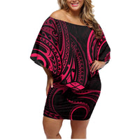 Polynesian Guam Coat of Arms Family Matching Off Shoulder Short Dress and Hawaiian Shirt Polynesian Tribal Tattoo Pink Version LT9 Mom's Dress Pink - Polynesian Pride