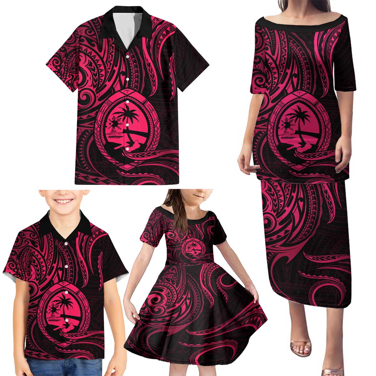 Polynesian Guam Coat of Arms Family Matching Puletasi and Hawaiian Shirt Polynesian Tribal Tattoo Pink Version LT9 - Polynesian Pride