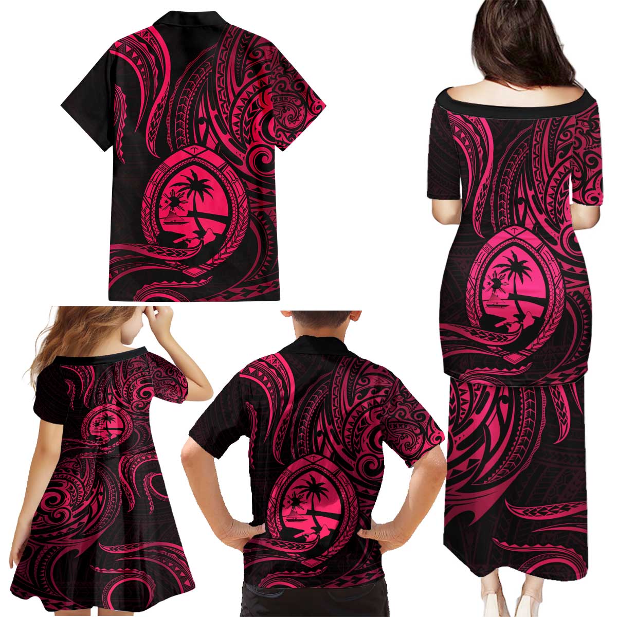 Polynesian Guam Coat of Arms Family Matching Puletasi and Hawaiian Shirt Polynesian Tribal Tattoo Pink Version LT9 - Polynesian Pride