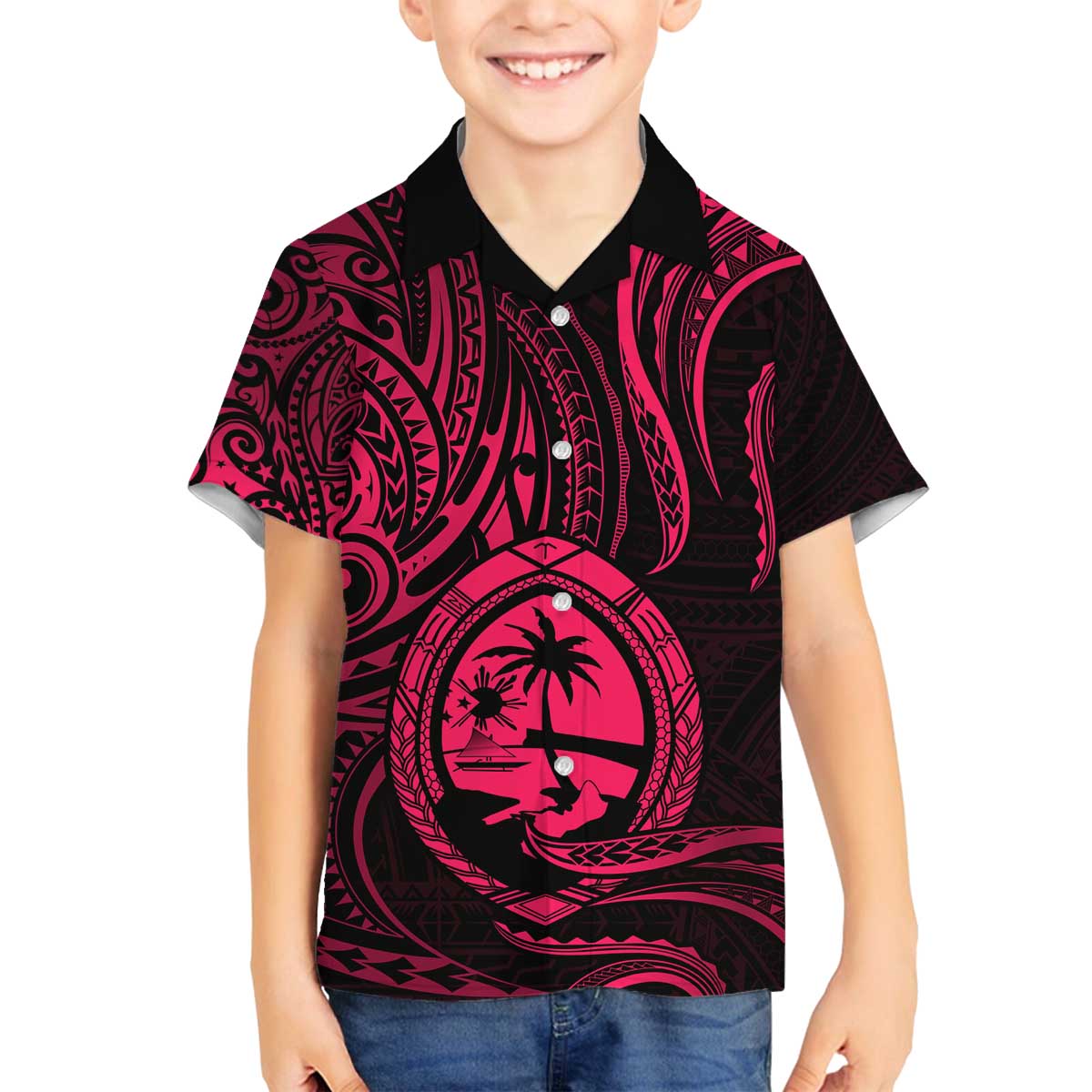 Polynesian Guam Coat of Arms Family Matching Puletasi and Hawaiian Shirt Polynesian Tribal Tattoo Pink Version LT9 Son's Shirt Pink - Polynesian Pride
