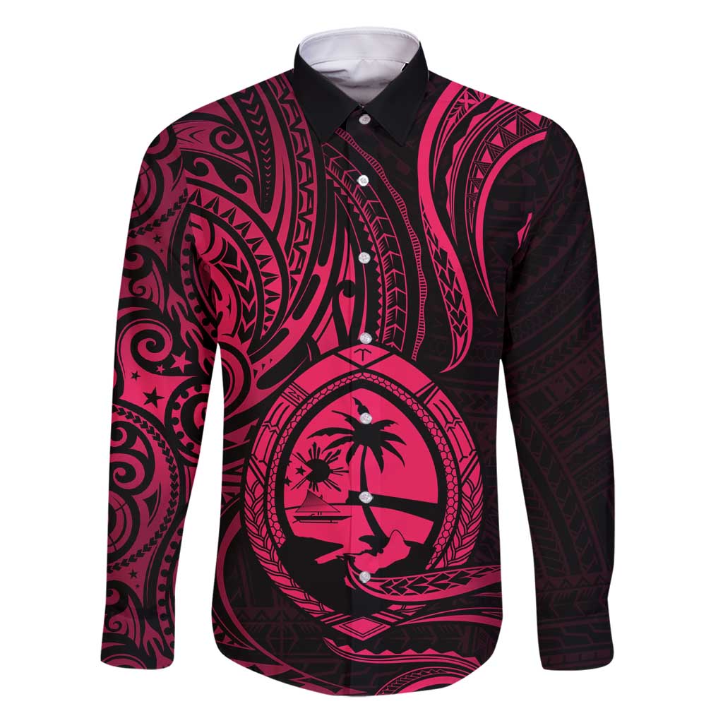 Polynesian Guam Coat of Arms Family Matching Tank Maxi Dress and Hawaiian Shirt Polynesian Tribal Tattoo Pink Version LT9 Dad's Shirt - Long Sleeve Pink - Polynesian Pride