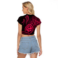Polynesian Pride Guam Raglan Cropped T Shirt With Polynesian Tribal Tattoo and Coat of Arms Pink Version LT9 - Polynesian Pride