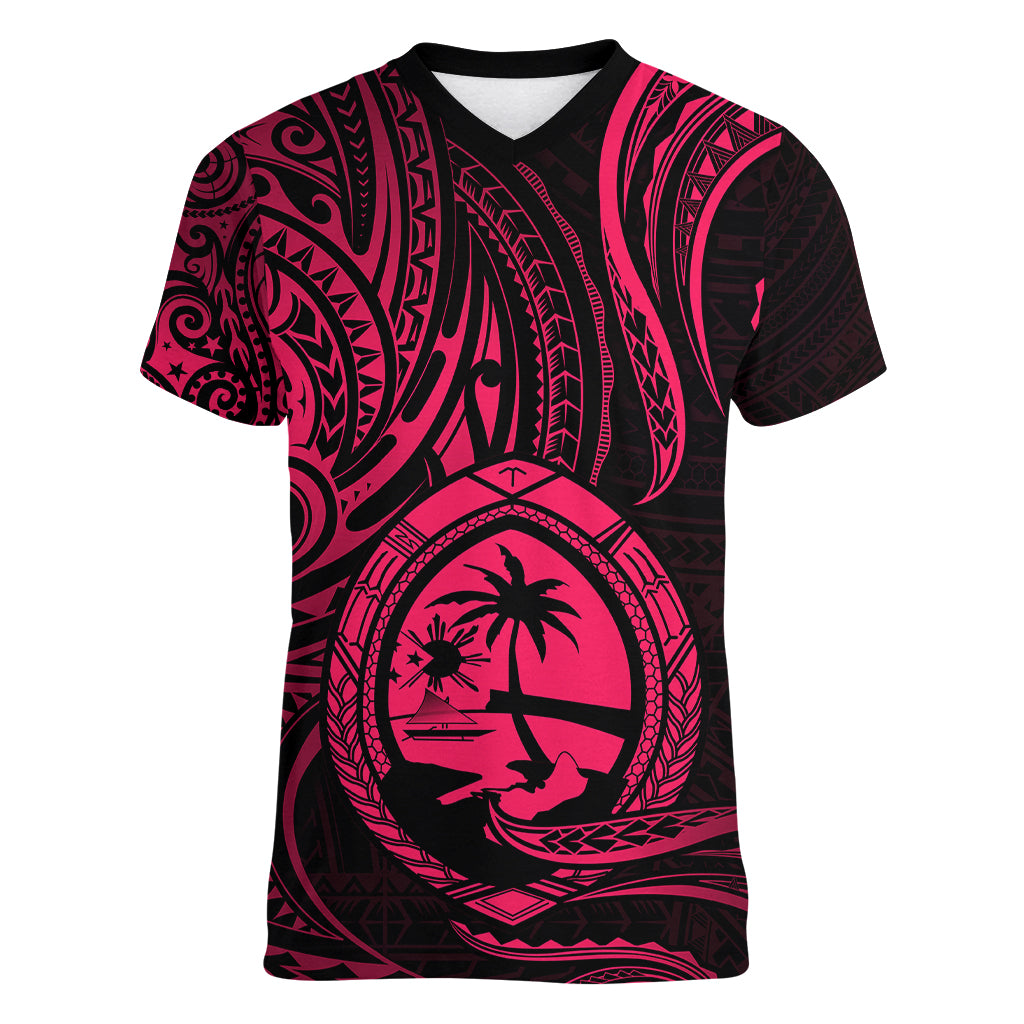 Polynesian Pride Guam Women V Neck T Shirt With Polynesian Tribal Tattoo and Coat of Arms Pink Version LT9 - Polynesian Pride