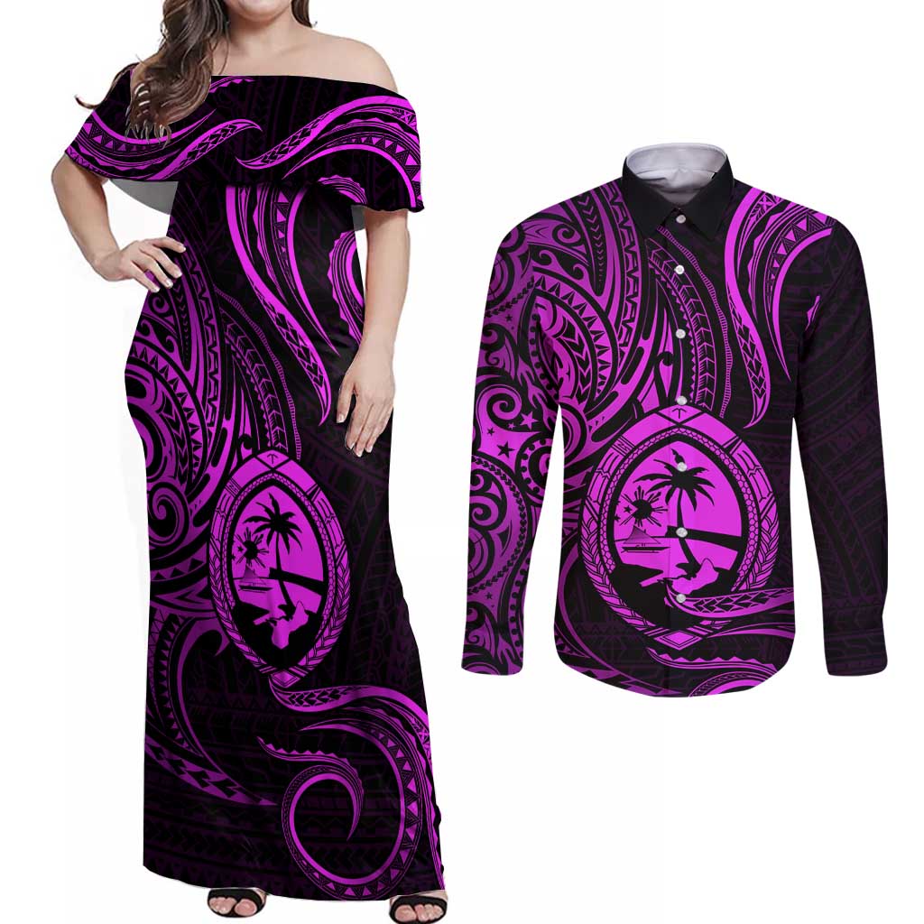 Polynesian Guam Coat of Arms Couples Matching Off Shoulder Maxi Dress and Long Sleeve Button Shirt Polynesian Tribal Tattoo Purple Version LT9 Purple - Polynesian Pride