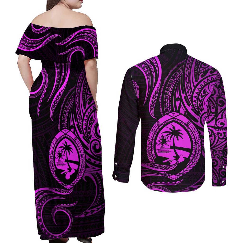 Polynesian Guam Coat of Arms Couples Matching Off Shoulder Maxi Dress and Long Sleeve Button Shirt Polynesian Tribal Tattoo Purple Version LT9 - Polynesian Pride