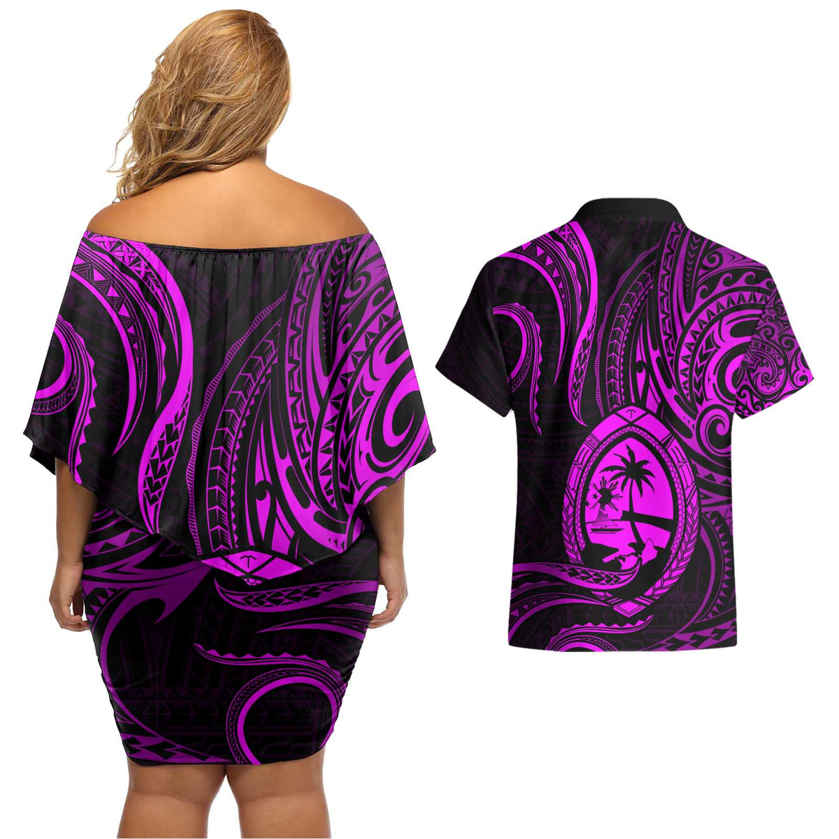 Polynesian Guam Coat of Arms Couples Matching Off Shoulder Short Dress and Hawaiian Shirt Polynesian Tribal Tattoo Purple Version LT9 - Polynesian Pride