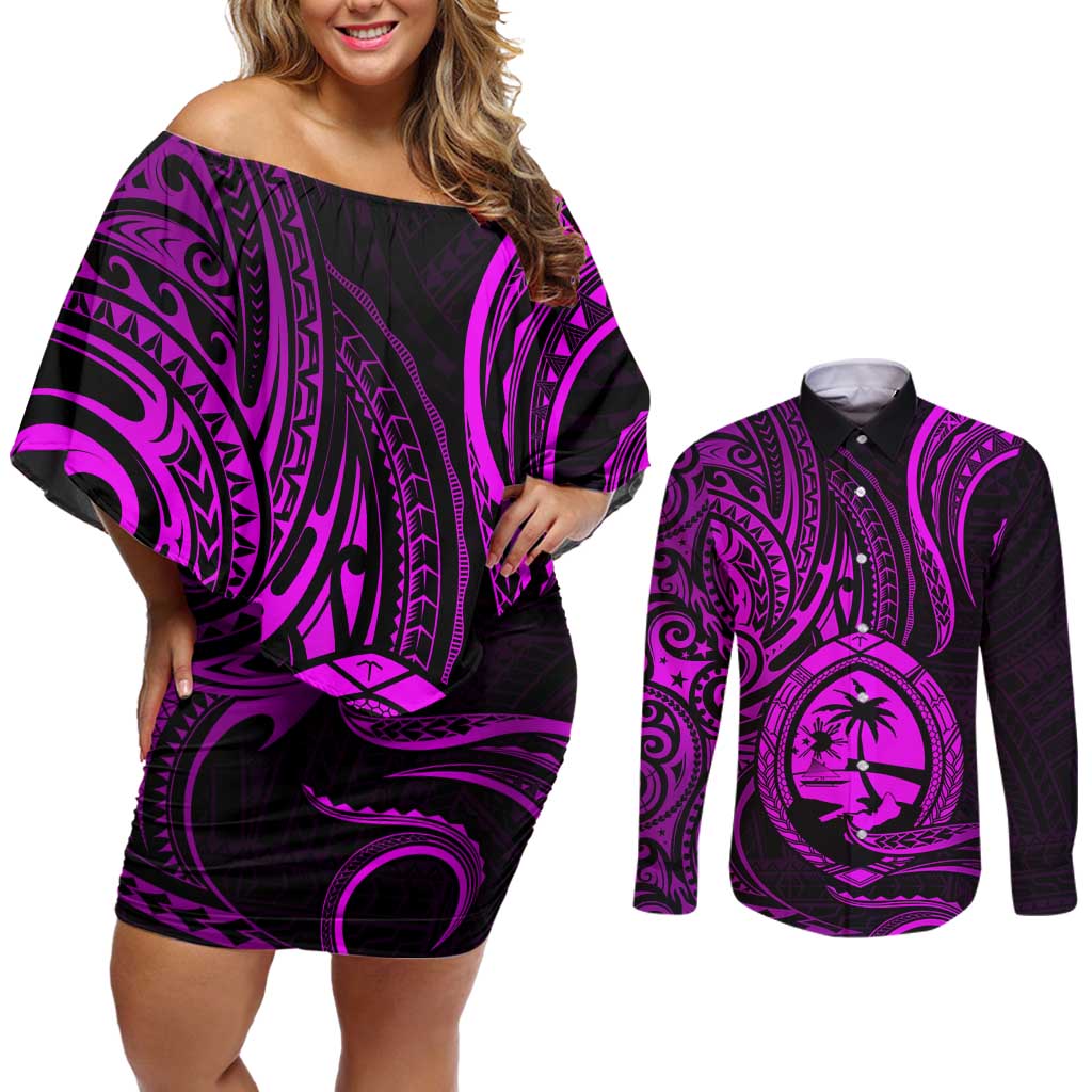 Polynesian Guam Coat of Arms Couples Matching Off Shoulder Short Dress and Long Sleeve Button Shirt Polynesian Tribal Tattoo Purple Version LT9 Purple - Polynesian Pride