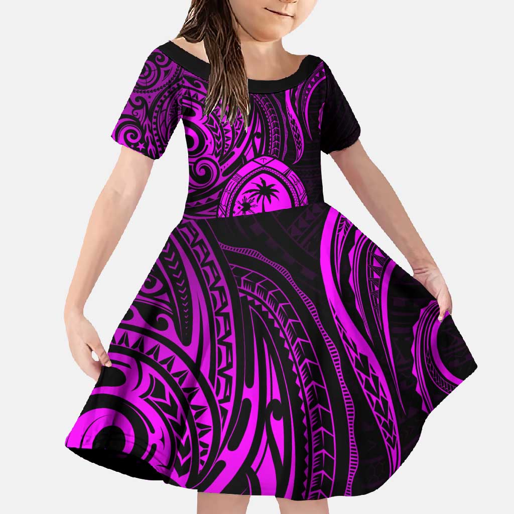 Polynesian Guam Coat of Arms Family Matching Long Sleeve Bodycon Dress and Hawaiian Shirt Polynesian Tribal Tattoo Purple Version LT9 Daughter's Dress Purple - Polynesian Pride