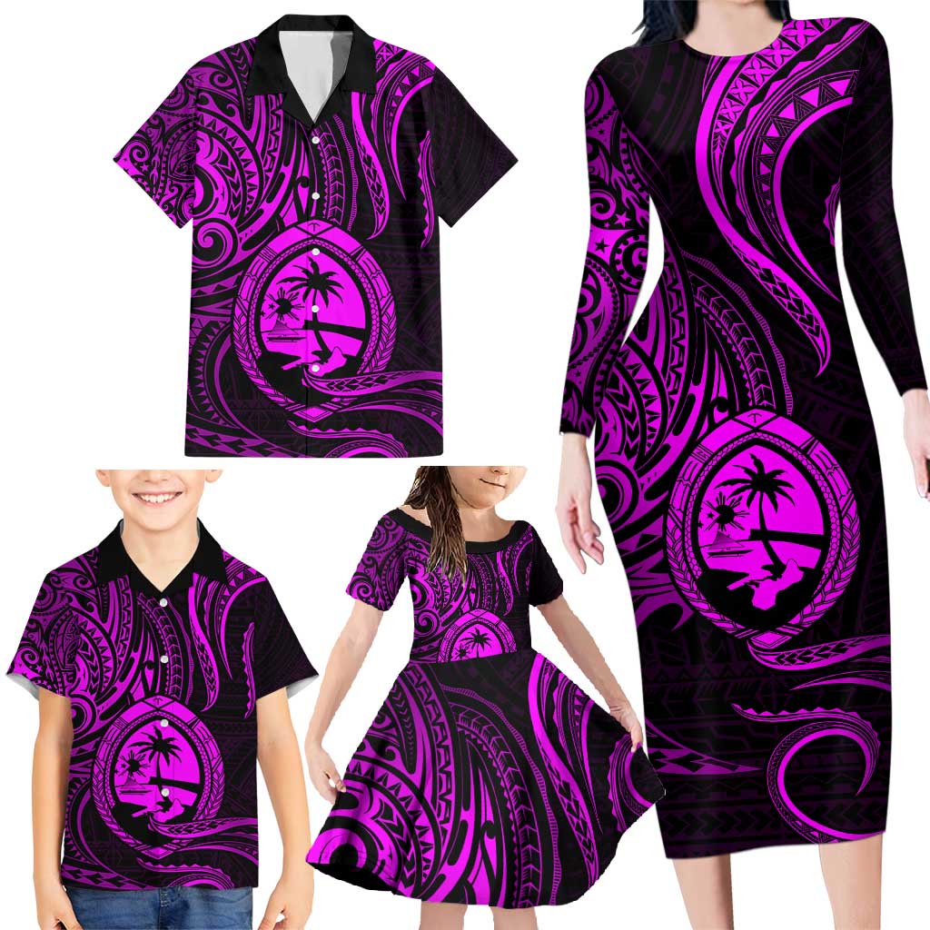 Polynesian Guam Coat of Arms Family Matching Long Sleeve Bodycon Dress and Hawaiian Shirt Polynesian Tribal Tattoo Purple Version LT9 - Polynesian Pride