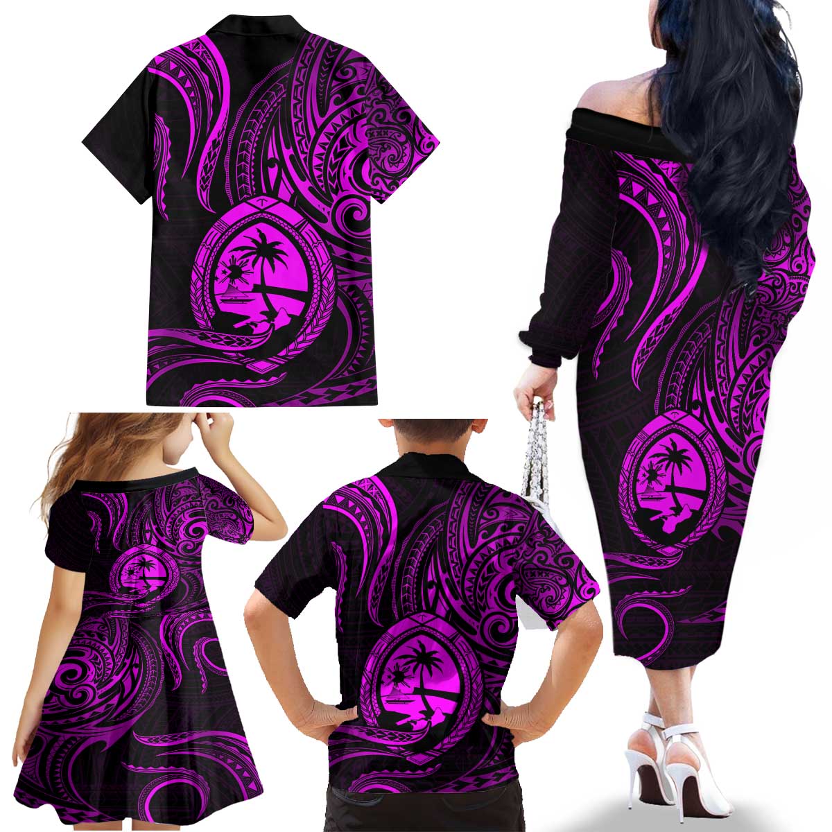 Polynesian Guam Coat of Arms Family Matching Off The Shoulder Long Sleeve Dress and Hawaiian Shirt Polynesian Tribal Tattoo Purple Version LT9 - Polynesian Pride