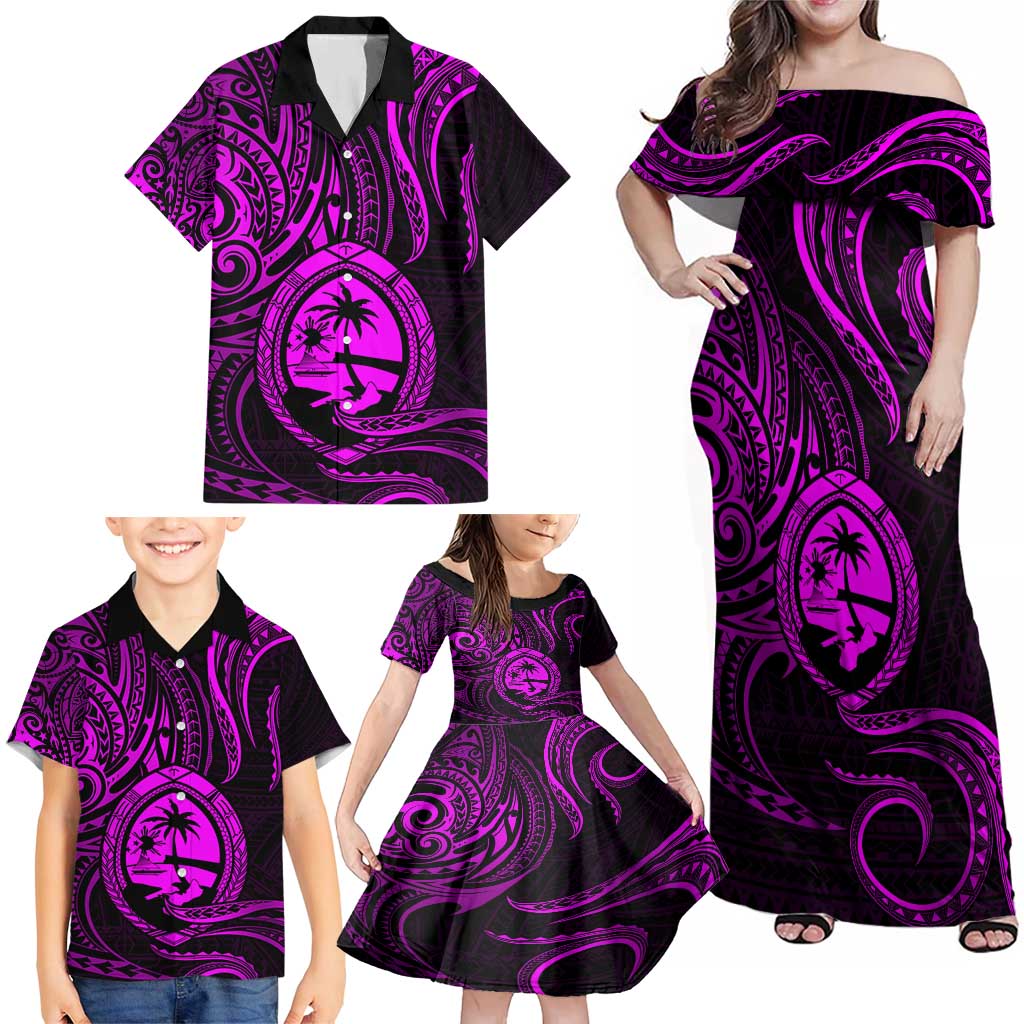 Polynesian Guam Coat of Arms Family Matching Off Shoulder Maxi Dress and Hawaiian Shirt Polynesian Tribal Tattoo Purple Version LT9 - Polynesian Pride