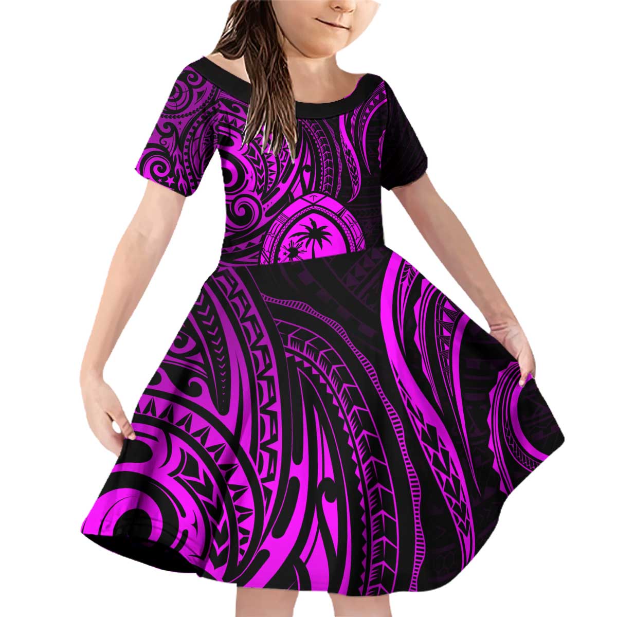 Polynesian Guam Coat of Arms Family Matching Off Shoulder Short Dress and Hawaiian Shirt Polynesian Tribal Tattoo Purple Version LT9 Daughter's Dress Purple - Polynesian Pride