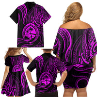 Polynesian Guam Coat of Arms Family Matching Off Shoulder Short Dress and Hawaiian Shirt Polynesian Tribal Tattoo Purple Version LT9 - Polynesian Pride