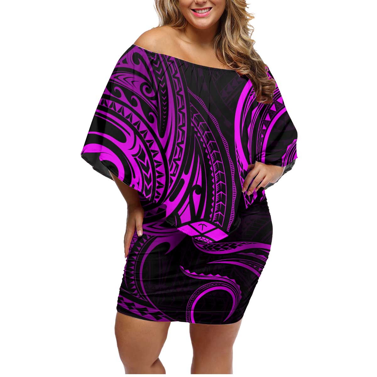 Polynesian Guam Coat of Arms Family Matching Off Shoulder Short Dress and Hawaiian Shirt Polynesian Tribal Tattoo Purple Version LT9 Mom's Dress Purple - Polynesian Pride